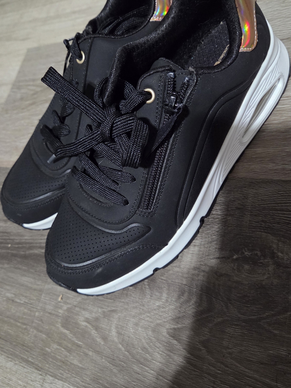 Skechers Black Sneakers with White Sole and Iridescent Heel